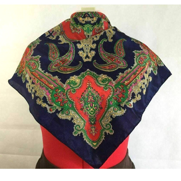 Colorful Paisley Kaleidoscope Designer Square Scarf Blue Red Silky Poly 29.5" - Picture 3 of 8